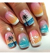 French Tip Press on Nails Short Square Fake Nails with Designs Coconut Tree Gel Glue on Fingernai...