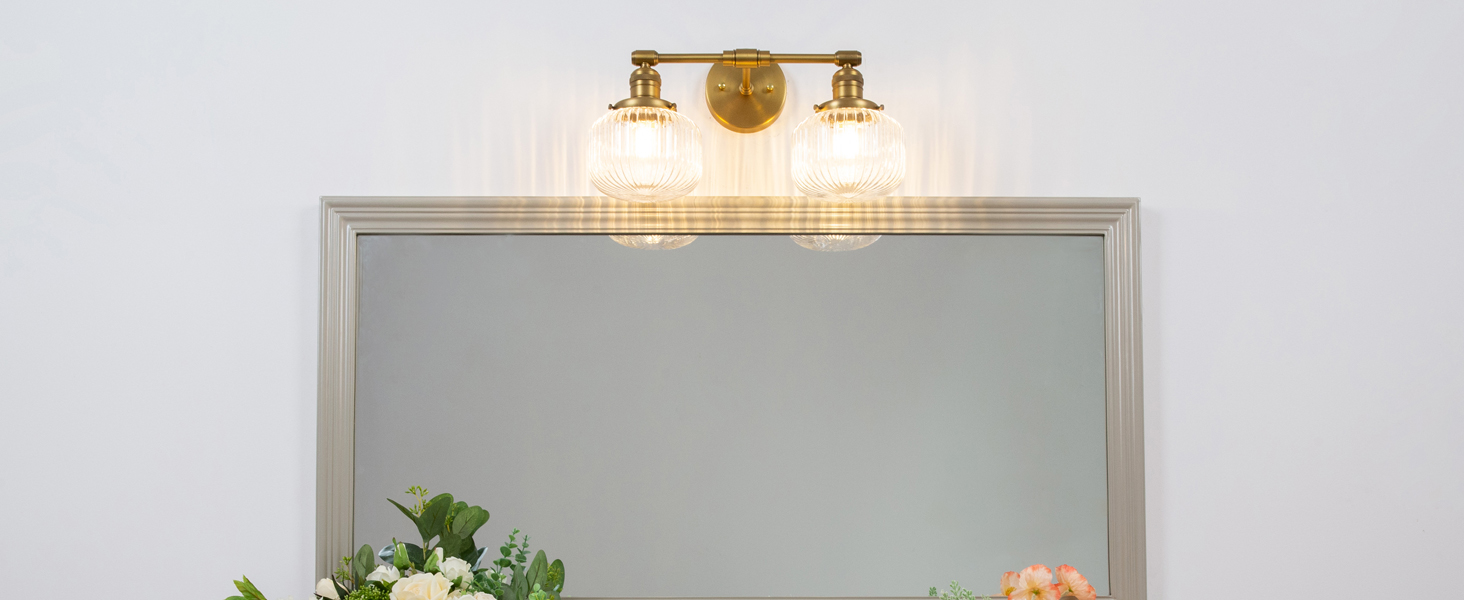JiMuBeam Vintage Sconces Wall Lighting Double Head with Clear Ribbed Glass Lampshade for Bedroom