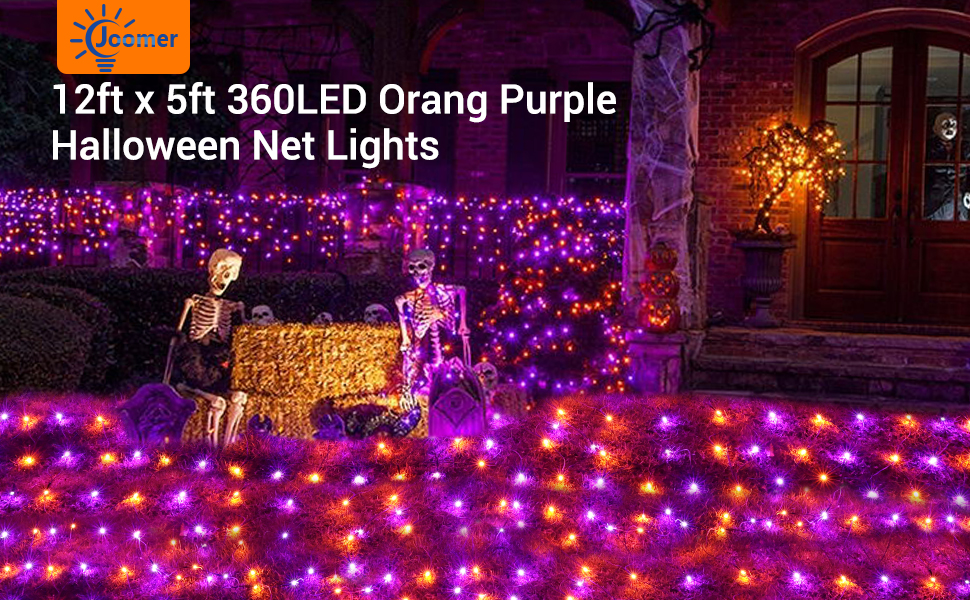 Joomer 12ft x 5ft 360LED Orange Purple Halloween Net Lights Outdoor Mesh Lights, 8 Modes Timer