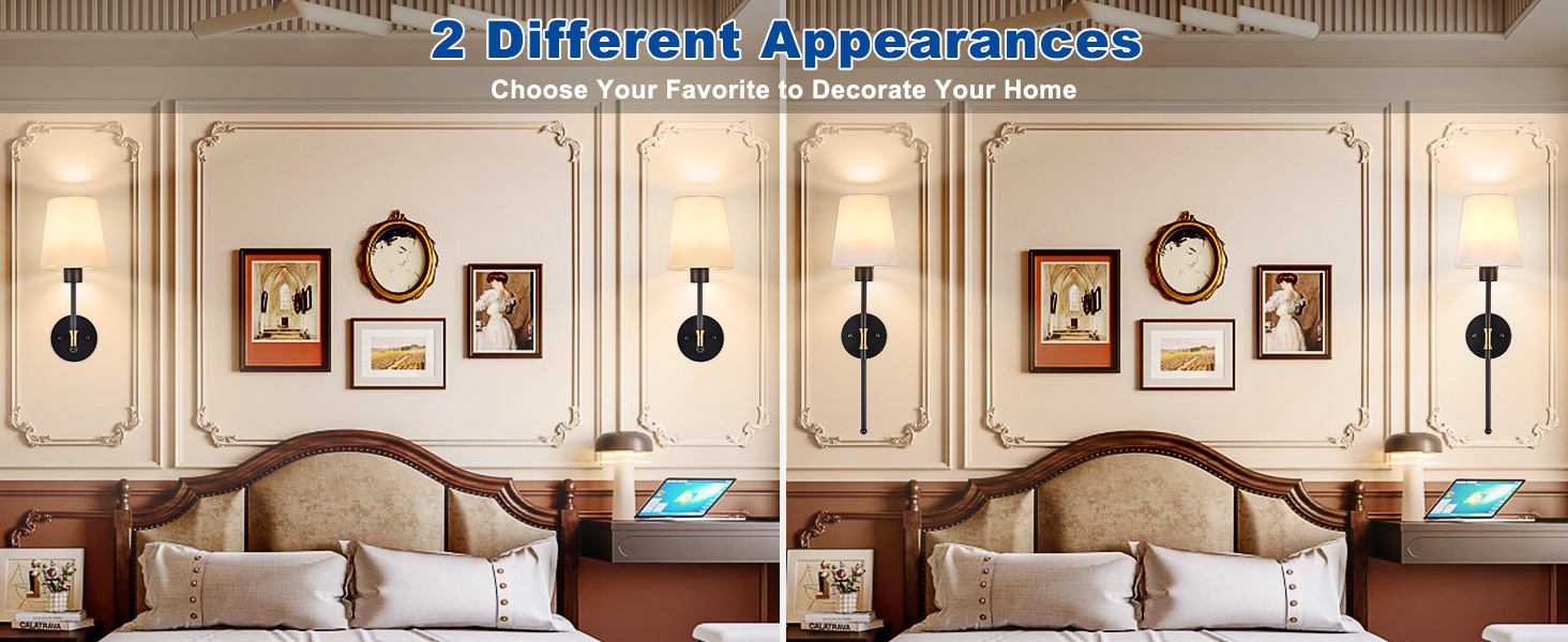Side-by-side comparison of a bedroom wall. Both show an ornate headboard, framed artwork, and wall sconces. The left image has a rectangular blue light on the nightstand.