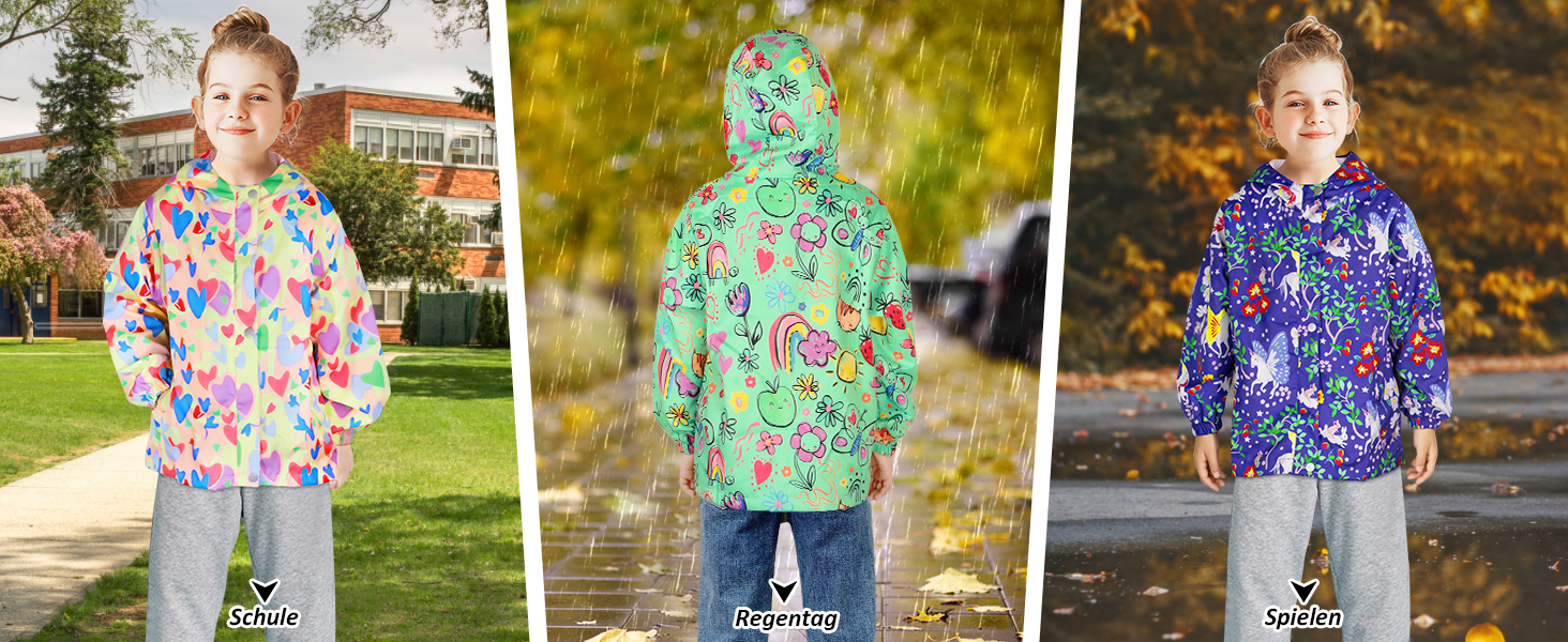 Three panels showing children's colorful rain jackets. Left: multi-colored floral print. Center: light green with animal patterns. Right: dark blue with bright floral design. All feature hoods and zippered fronts.
