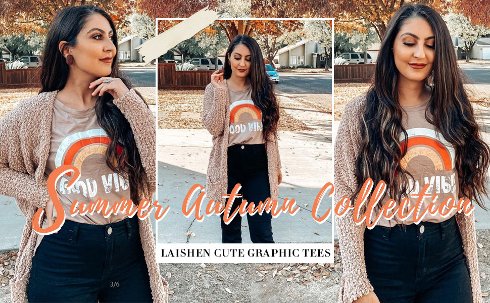 LAISHEN Womens Good Vibes Shirt Graphic Tees Rainbow Print Blessed Humorous T Shirt Informal Free Match Tops 17 Beauty show