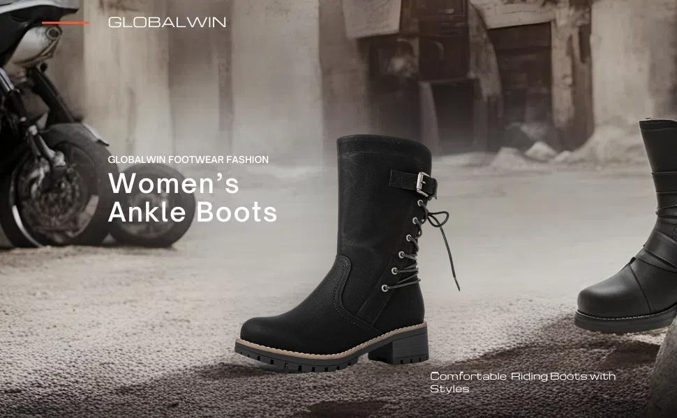 Amazon.com | GLOBALWIN Women's Biker Boots Lace up Back Mid
