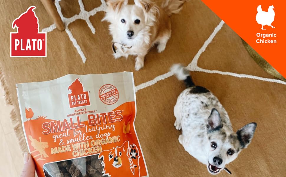 Plato Pet Treats Small Bites air-dried nutritious meaty morsels with organic chicken for pets