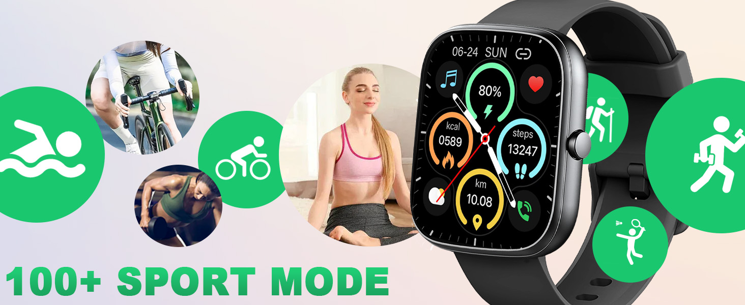 Smartwatch with colorful fitness tracking display. Icons show 100+ sport modes including swimming, cycling, yoga, and running.
