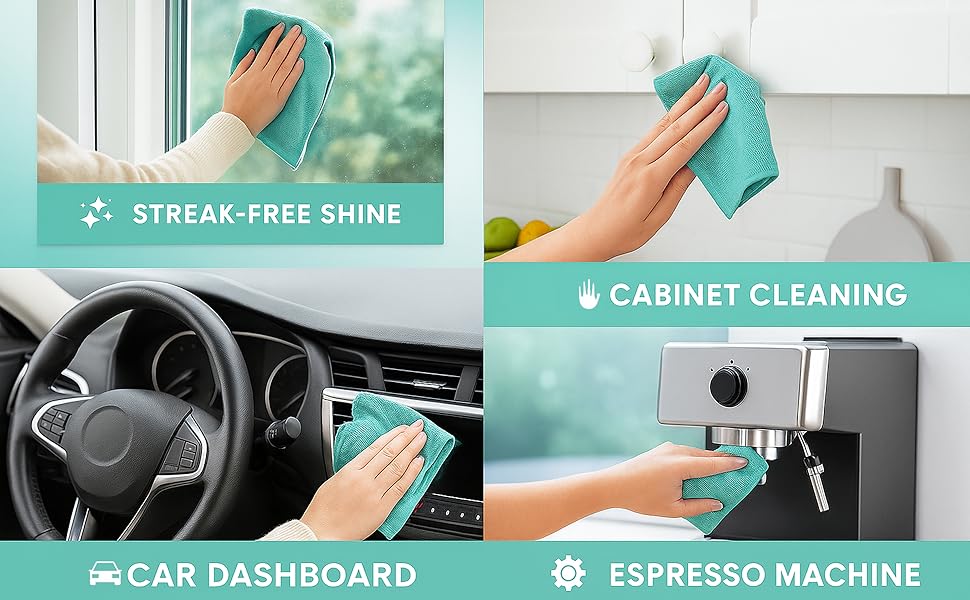 Collage of microfiber cloth cleaning windows, cabinets, car dashboards, and espresso machines.