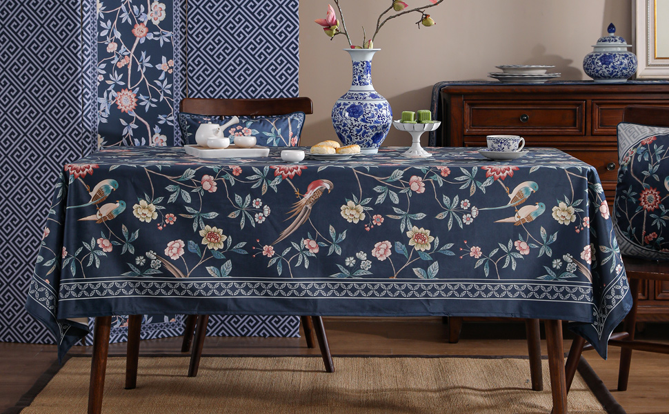 patdrea Vintage Chinoiserie Floral Birds Tablecloth Thick