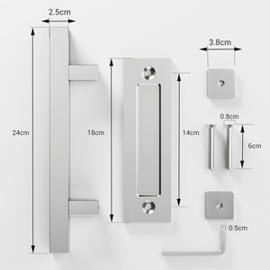 Technisches Diagramm mit den Abmessungen der Metalltürgriffkomponenten und der Montageteile. Mehrere Maße und Abstandsangaben sind mit Pfeilen gekennzeichnet.
