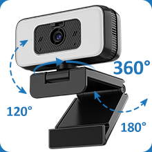 Text shows '360°' and '180°'. Webcam or security camera shown from multiple angles, demonstrating its rotation capabilities with blue directional arrows indicating movement range.