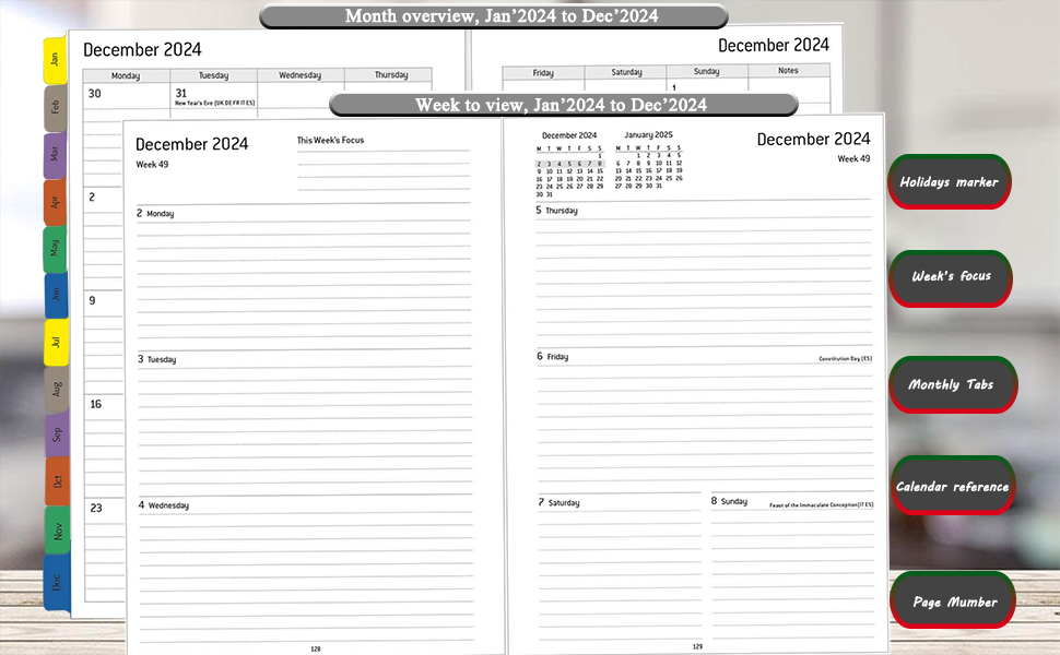 YHH diary 2024 A5 weekly display, elastic monthly and weekly planner with  tabs, back pocket, extra budget notes contact UK holiday, wired personal