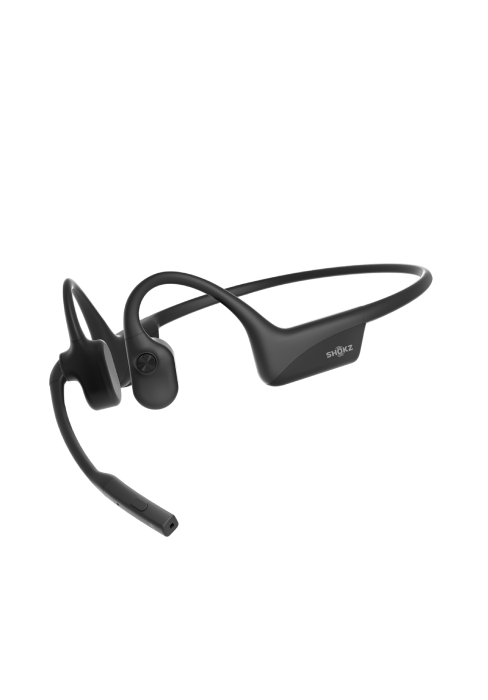 Bone Conduction-Kopfhörer im Open-Ear-Design mit schwarzem, umlaufendem Kopfbügel, gebogenen Ohrmuscheln und einem schlanken Mikrofon,
