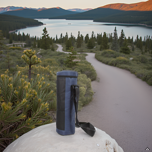 A scenic mountain landscape with a product resting on a rock.