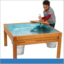 Child show using the water pump included with Excellerations Outdoor Water Table
