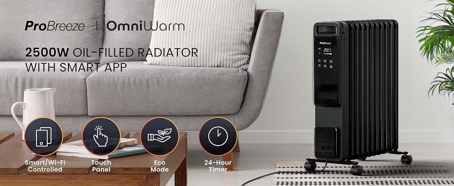 ProBreeze OmniWarm 2500W oil-filled radiator with smart app control, featuring temperature control, timer, and eco mode functions.