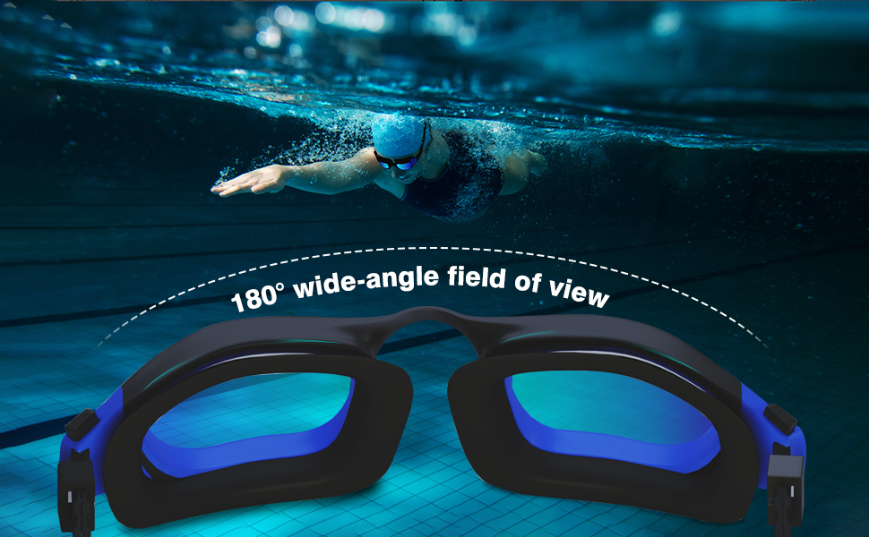 con un campo de visión gran angular de 180 grados, con lentes de color azul y montura negra, que se muestran con