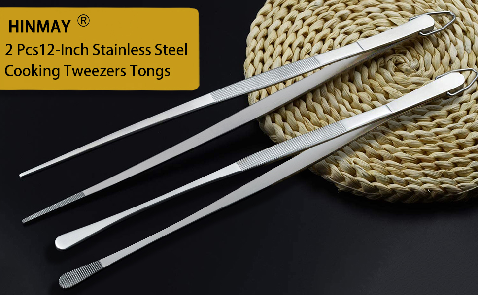 HINMAY 2 Pcs 12Inch Cooking Tweezers Stainless Steel, Straight Food
