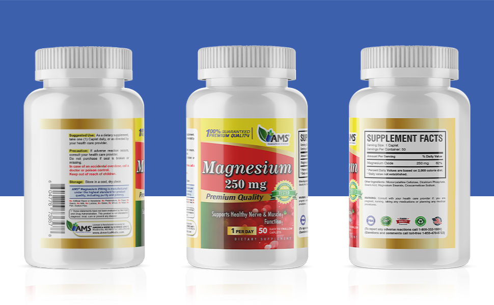 America Medic & Science Magnesium 250mg easy to swallow caplets for healthy nerve & muscle