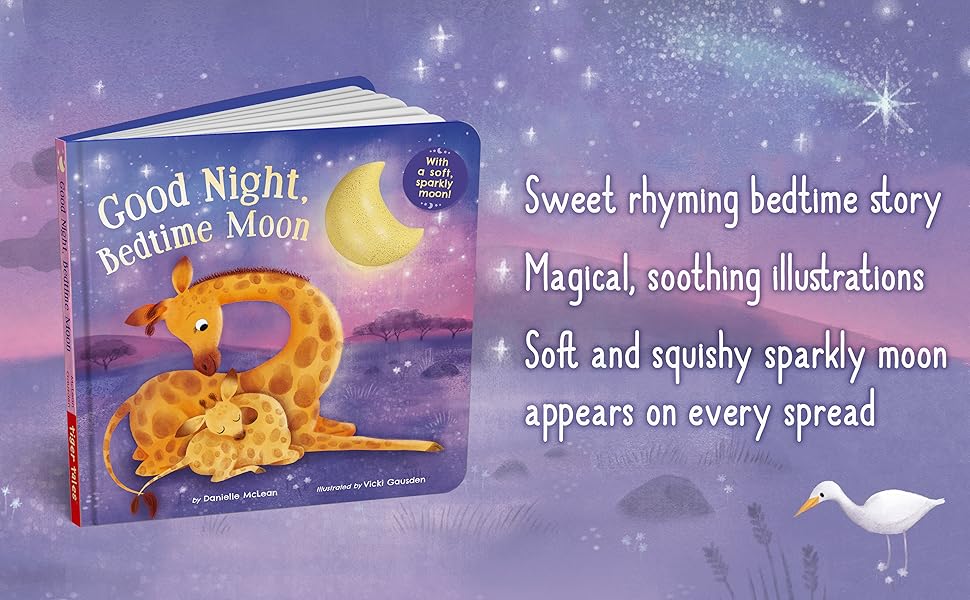 board book, sweet rhyming bedtime story, soothing illustrations,squishy sparkly moon on every spread