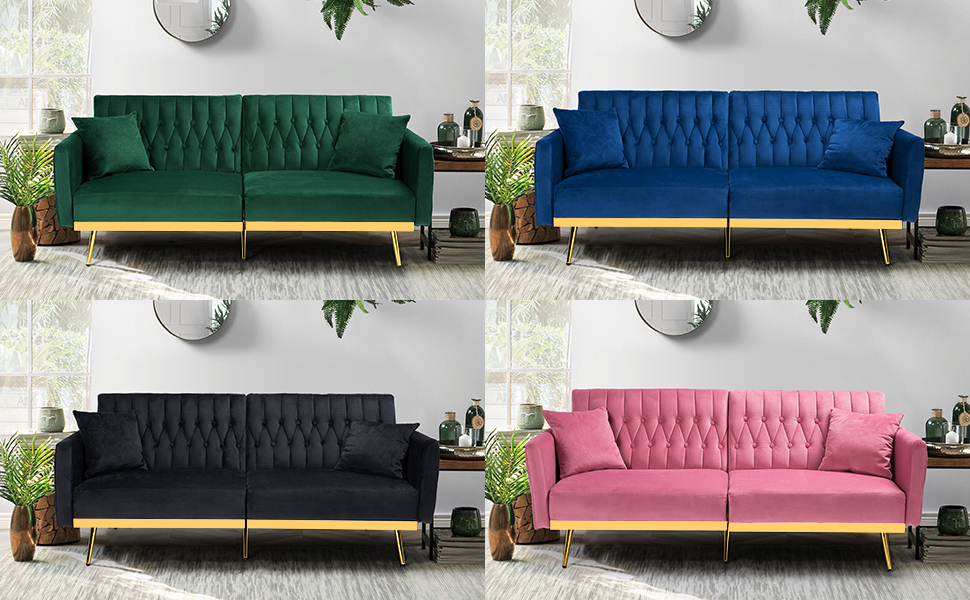 ACMEASE 69” Velvet Futon Sofa Bed w/Adjustable Armrests & 2