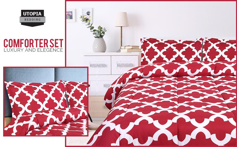 Utopia Bedding Printed Comforter Set (Queen/Full, Red) with 2 Pillow