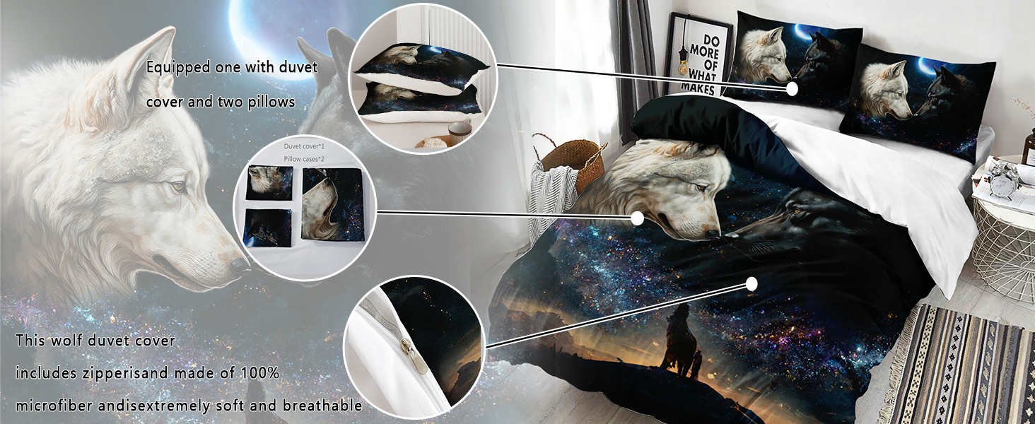 AILONEN 3D Wolf Duvet Cover Set King Size, Moon Wolf