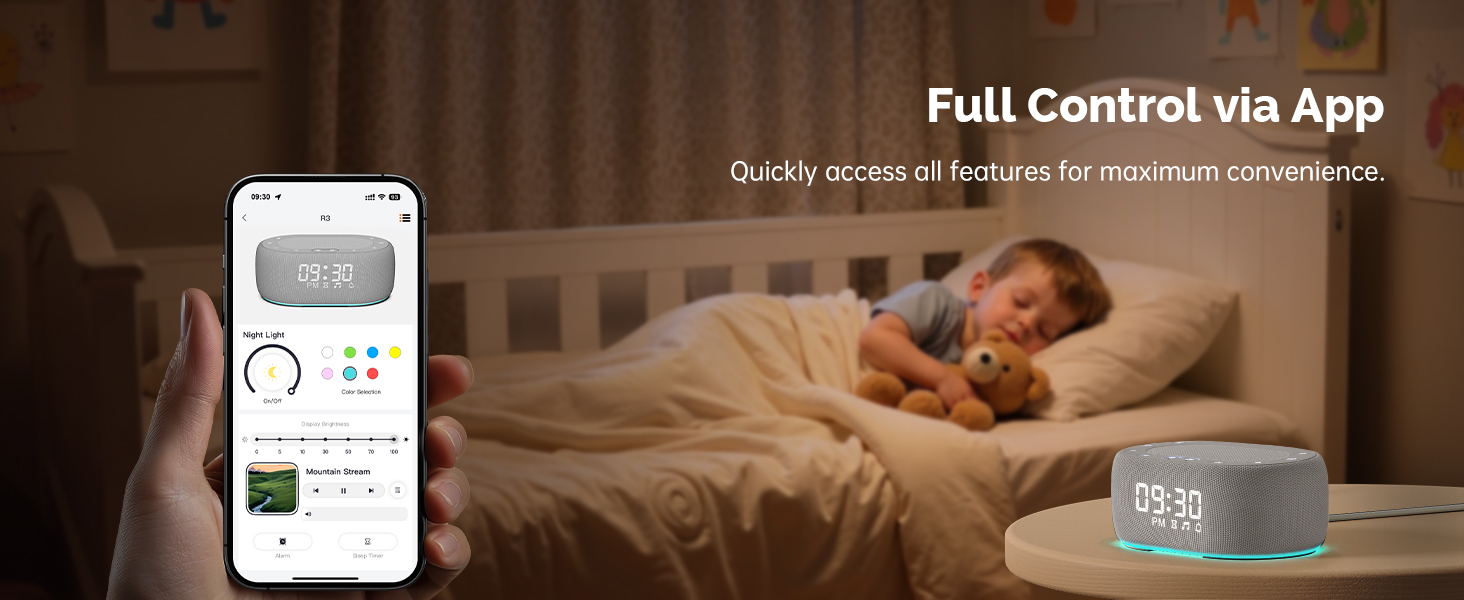Sound Machine for Sleep - Full Control via App. Quickly acces all features for maximum convenience.