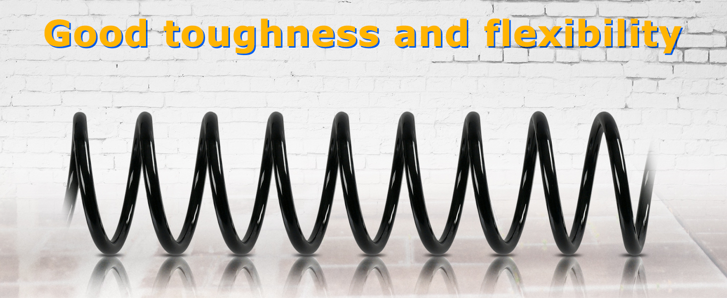 Close-up of a black metal coil spring against a white background, demonstrating flexibility and durability.