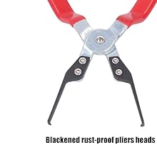 Rust-proof pliers with red handles, silver joint, and blackened steel heads. Text indicates 'Blackened rust-proof pliers heads'.