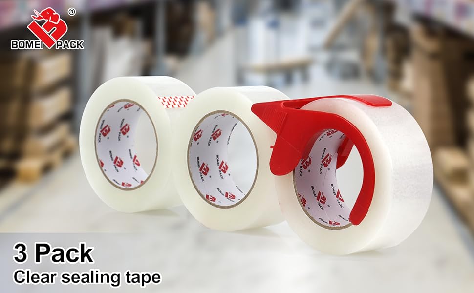 Heavy Duty Clear Packing Tape 3 Rolls with Dispenser