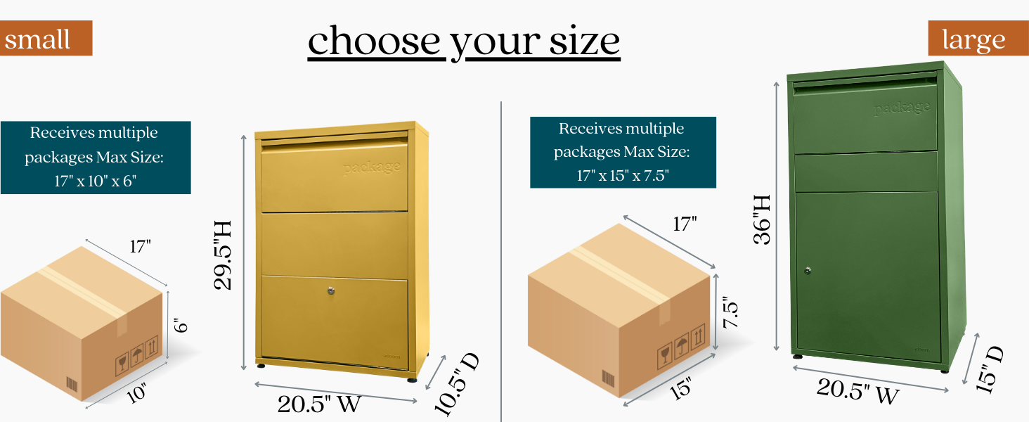 choose your size, adoorn, package delivery box, parcel box, mailbox