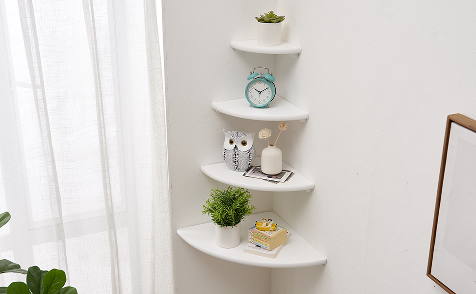 Corner Shelf, White Solid Oak Wood Floating Corner Shelf