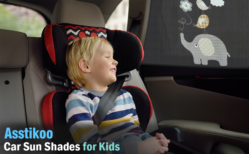 Asstikoo car sun shade for kids, featuring a cartoon elephant design. Shown in use with a child seated in a car seat.