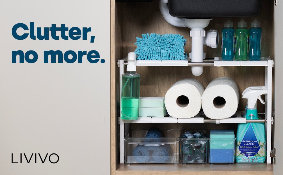 LIVIVO Under Sink Storage Caddy White Adjustable and Extendable Multi