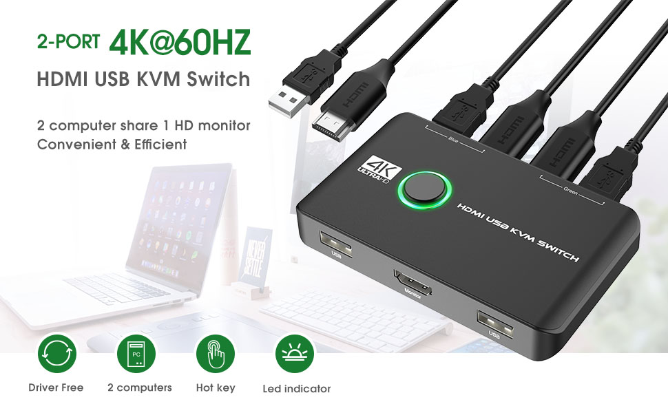 4K KVM Switch HDMI 2 Port Box, Rybozen USB HDMI Switches for 2
