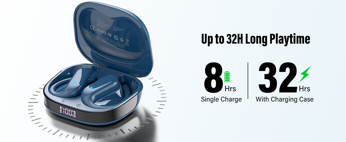 Wireless earbuds in open charging case. Battery life: 8 hours single charge, 32 hours with case. Blue-gray color. Compact oval case design.