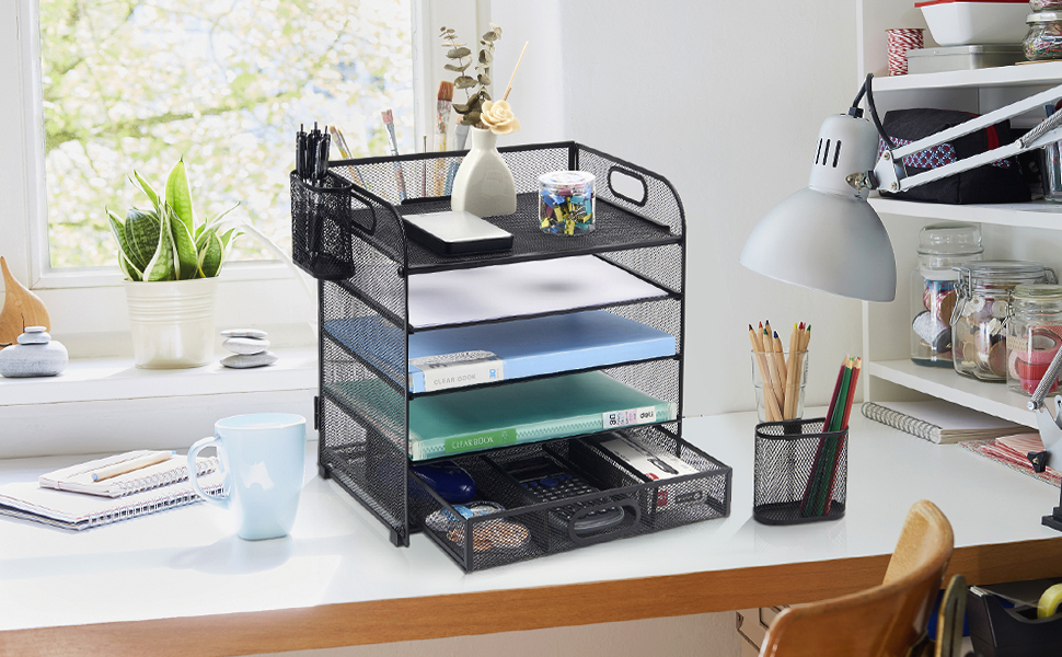 Zikopomi Desk Organizers 5Trays Mesh Desk File Organizer