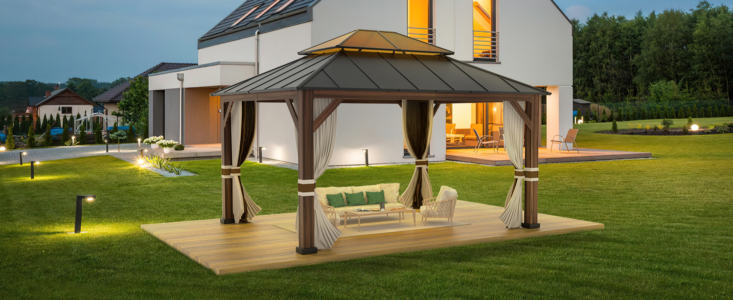 OLILAWN Gazebo 12x14, Hardtop Gazebo with Wood Finish