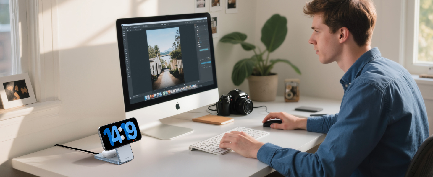 Person, die am Schreibtisch mit Laptop und Digitaluhranzeige arbeitet, zeigt die Uhrzeit an. Büroeinrichtung mit Pflanze im Hintergrund.
