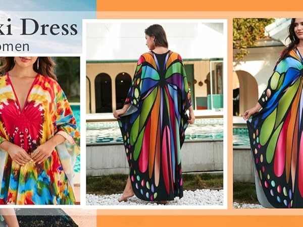 KAPTAIN SUNSHINE× EVEVOL Flamingo Ailaoyou Colorful Clouds prints Kaftan Women's Dress V-Neck