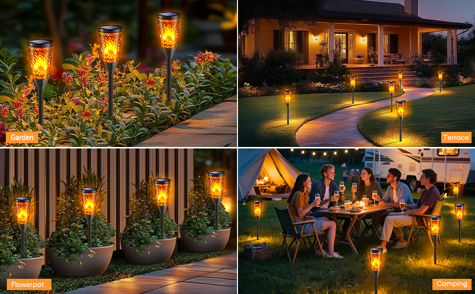 Solar-powered flame effect garden lights illuminating outdoor spaces. Shown along pathways, in planters, and during social gatherings, providing warm, flickering light for ambiance and decoration.