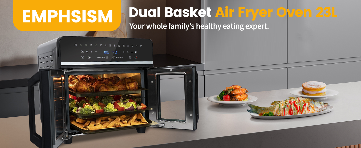 Emphsism dual basket air fryer oven with double glass doors showing multiple cooking levels containing various foods including pastries and vegetables.