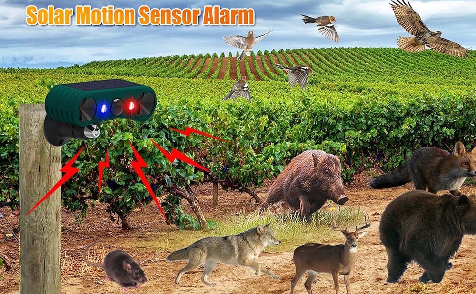Solar Motion Sensor Alarm 129dB Loud Siren Alarm with Red Blue Flash Strobe Light