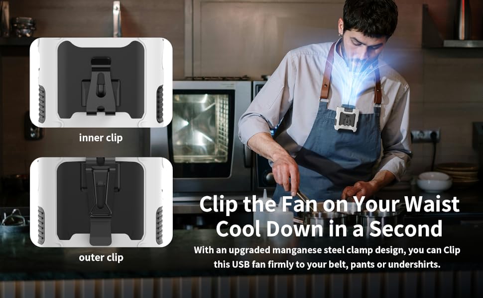 Clip the Fan on Your Waist Cool Down in a Second With an upgraded manganese steel clamp design, you 