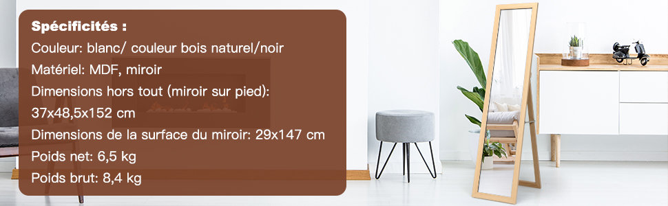 RELAX4LIFE Grand Miroir Sur Pied Chambre 147X29CM Avec Cadre En MDF Et Verre Antidéflagrant, Grand Miroir Mural Rectangulaire Pour Salon Vestiaire Couloir, Miroir Pleine Longueur(Blanc) 17 cm