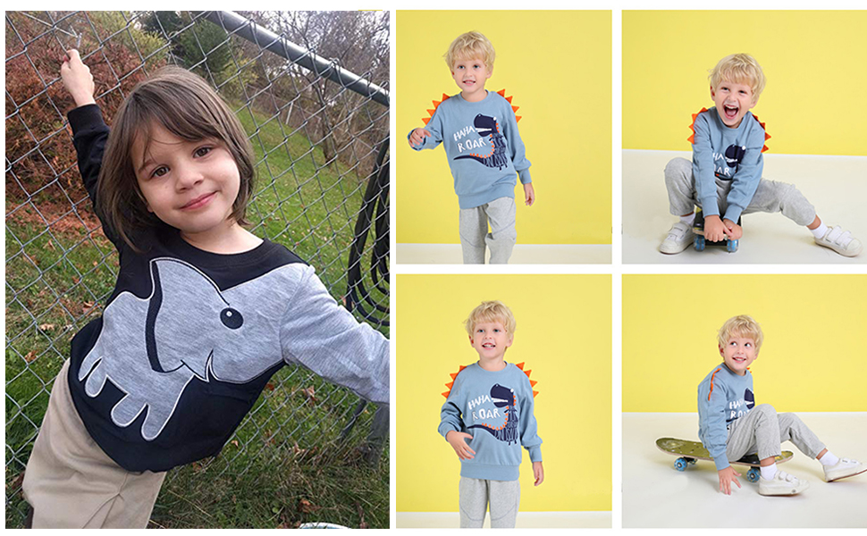 elephant sweatshirt and dinosaur sweater