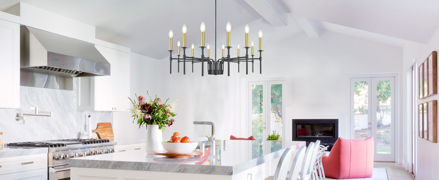 LynPon 12Light Black Gold Chandelier, 37" Modern Farmhouse Chandelier