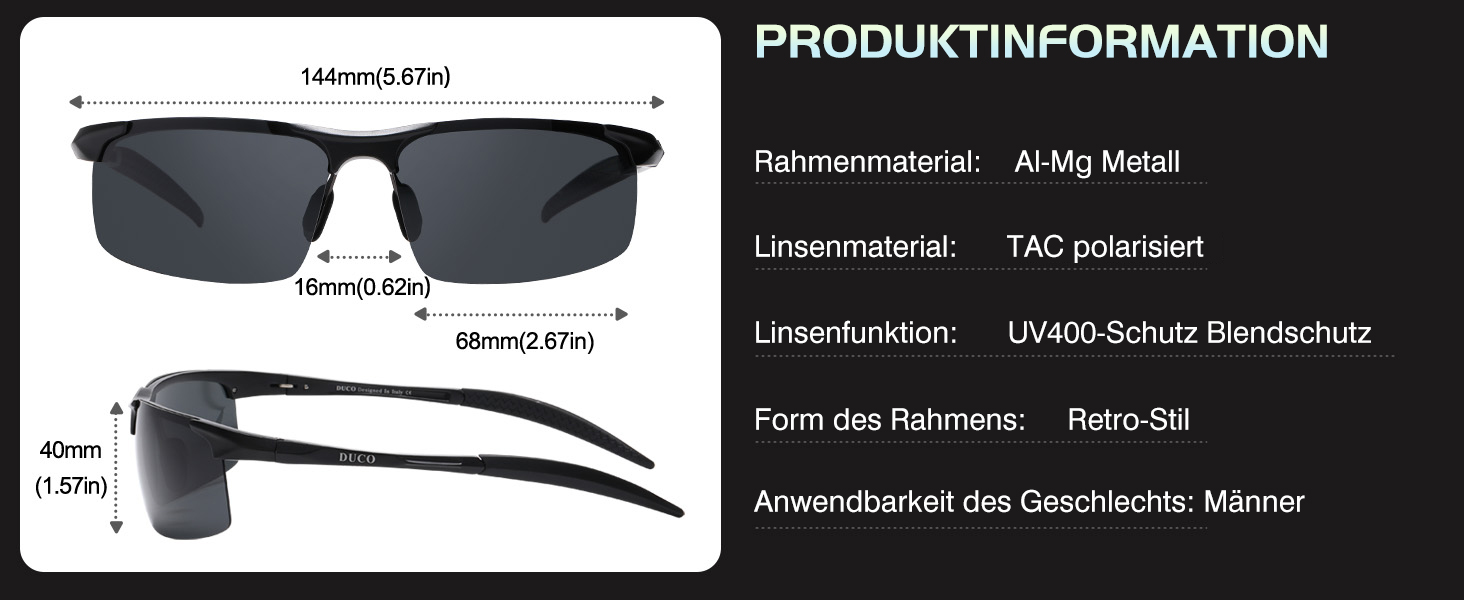 Schwarze Sportsonnenbrille mit Produktinformationen. Verfügt über einen Aluminiumrahmen, polarisierte TAC-Gläser, UV400-Schutz und Retro-Stil-Design. Geeignet für Männer.