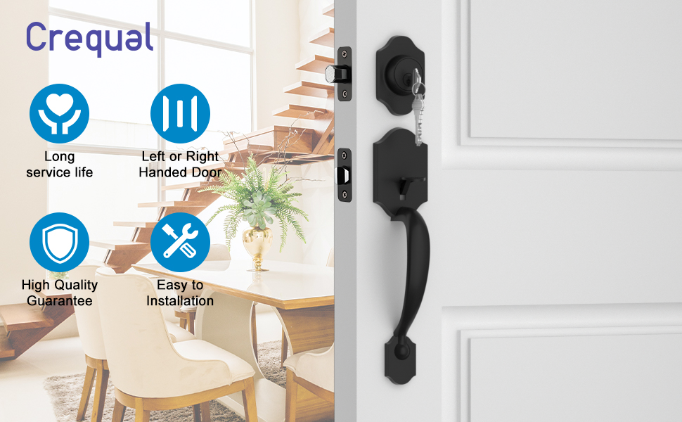 Crequal Black Front Door Handle and Deadbolt Set, Black Front Door Lock Set with Reversible