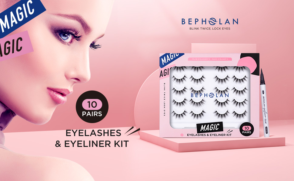 BEPHOLAN Eyelashes Kit with Eyeliner Glue, 10 Pairs Eyelashes With 1 Magic Eyeliner Glue