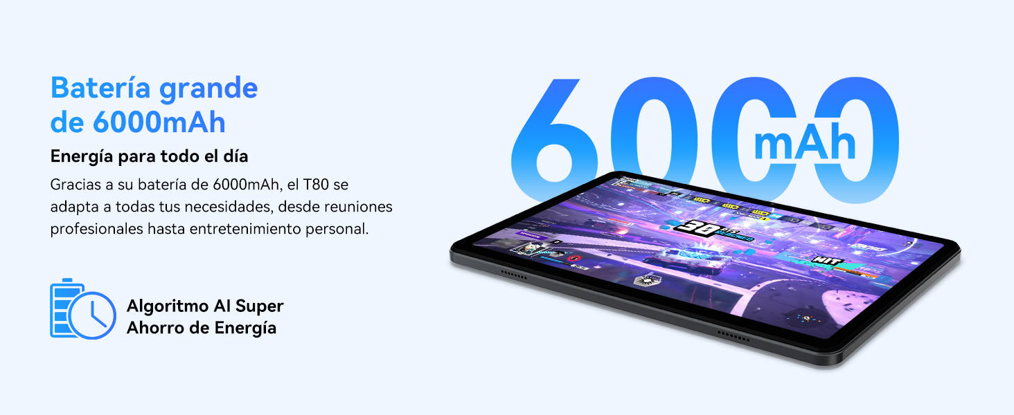 con una gran batería de 6000 mAh, que muestra coloridos iconos de aplicaciones en la pantalla. El texto destaca el algoritmo duradero de alimentación y ahorro de energía